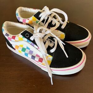 Girls Rainbow checker Vans sz 2; lace up vans multi color
